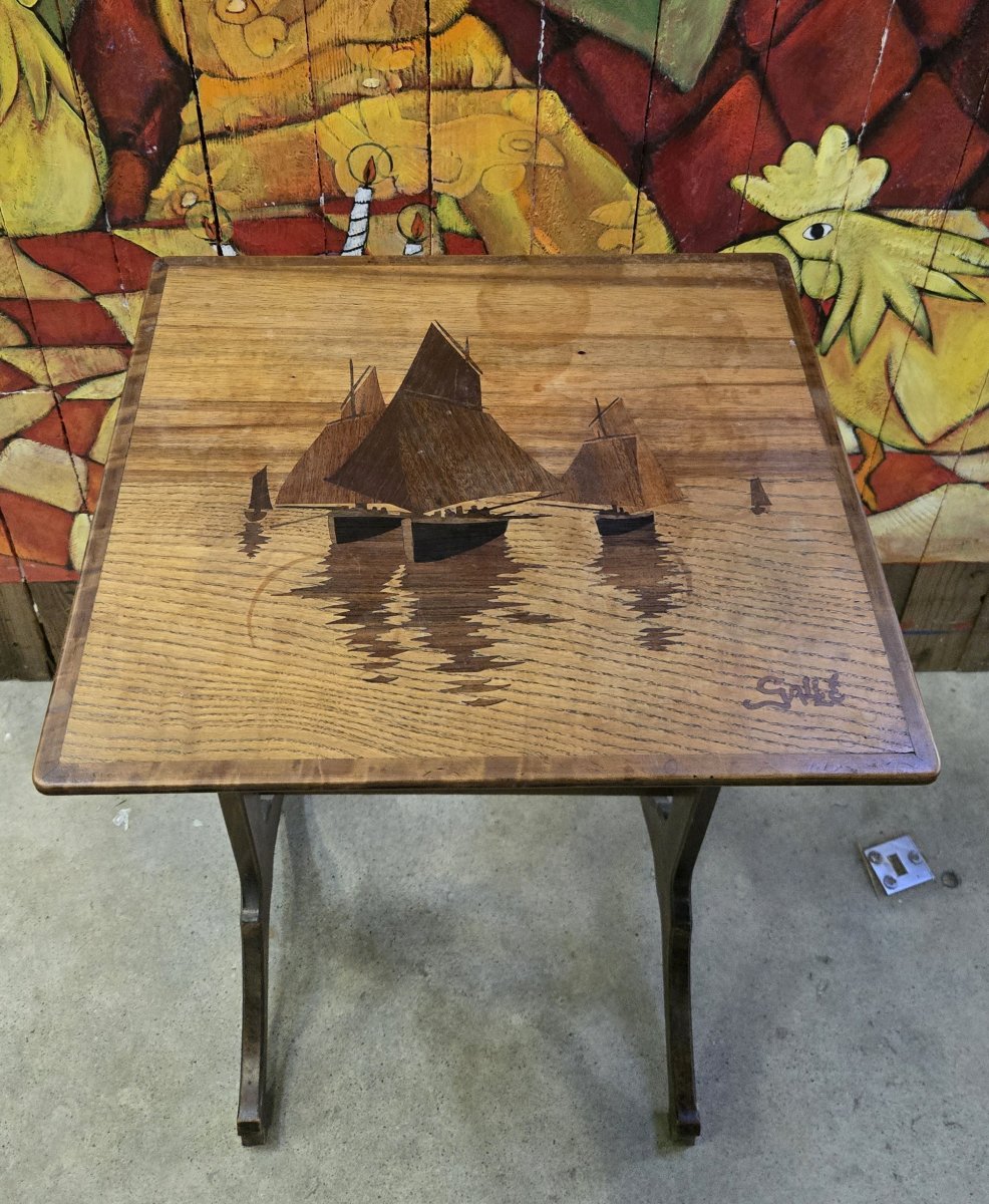 Emile Gallé : Table gigogne au paysage marin époque Art Nouveau -photo-1