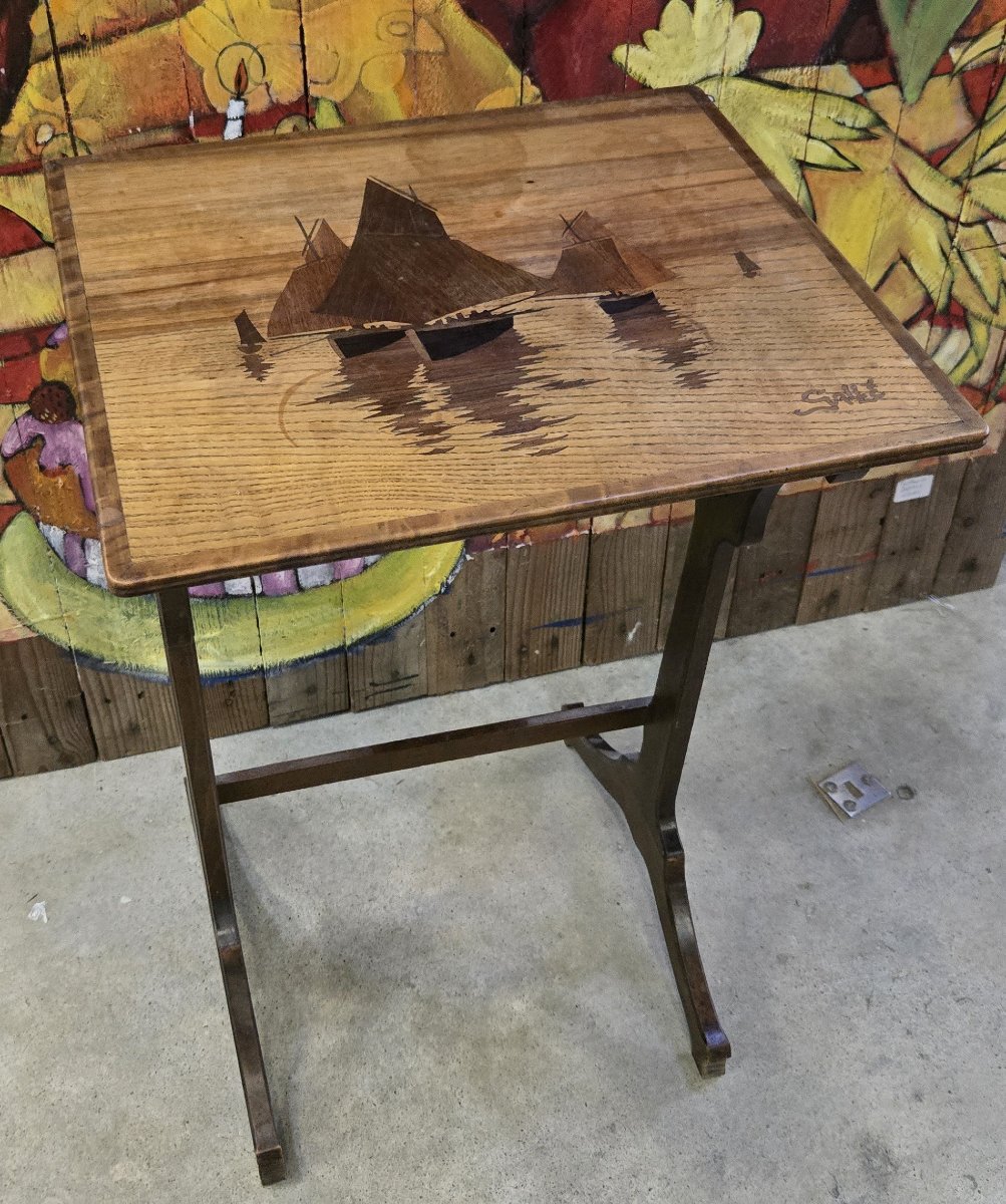 Emile Gallé : Table gigogne au paysage marin époque Art Nouveau -photo-3