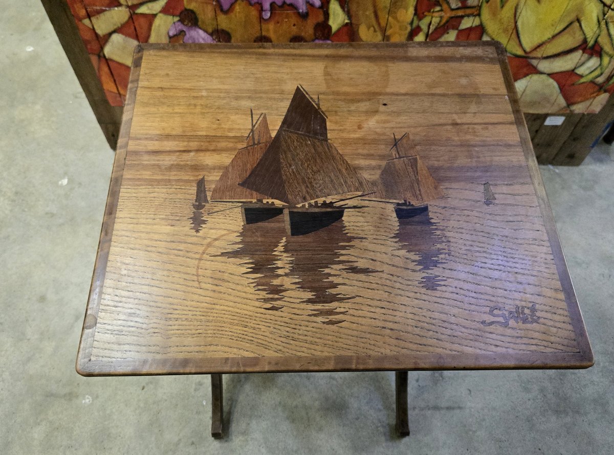 Emile Gallé : Table gigogne au paysage marin époque Art Nouveau -photo-7