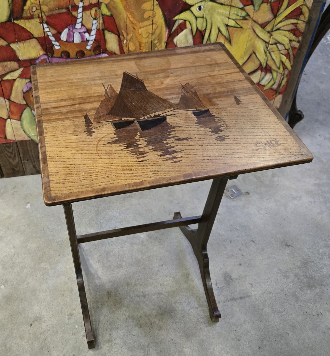 Emile Gallé : Table gigogne au paysage marin époque Art Nouveau -photo-8