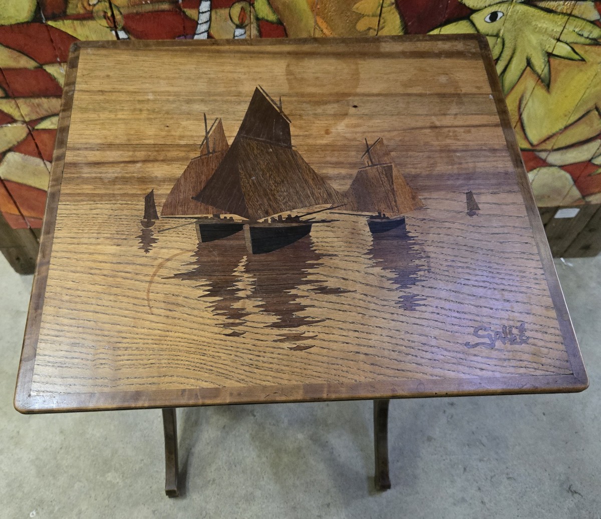 Emile Gallé : Table gigogne au paysage marin époque Art Nouveau 