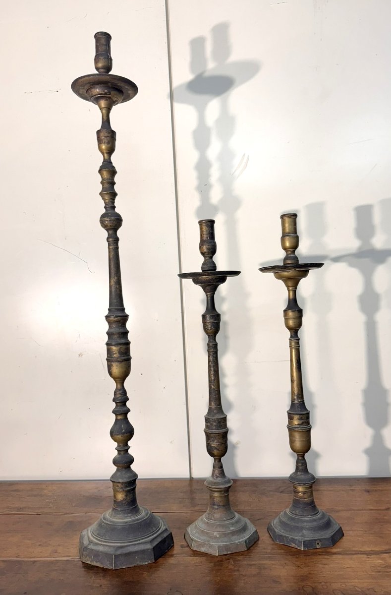 3 piques ciérges en laiton et bronze doré époque XVIIIeme-photo-3