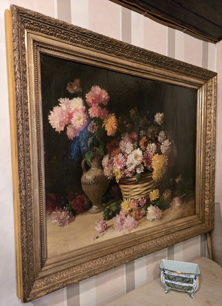 Mathieu Lefebvre 1895: Large Still Life Painting With Dahlias-photo-1