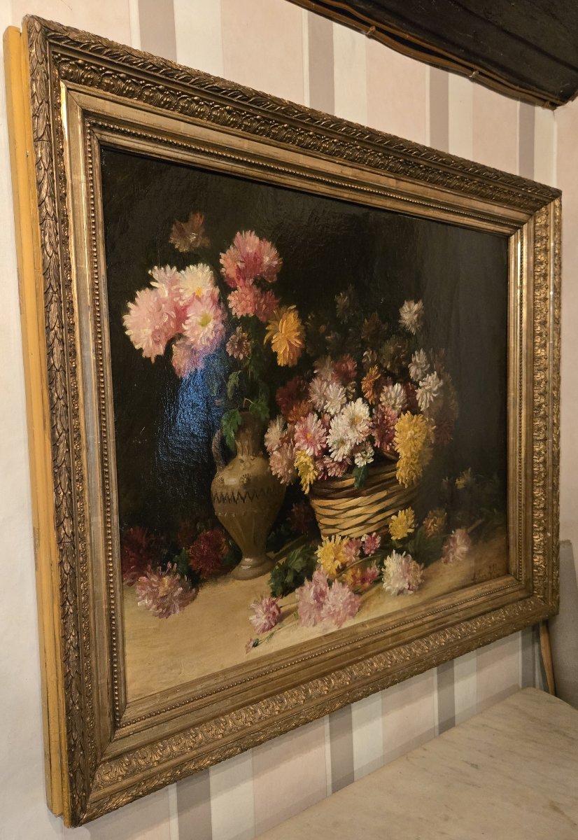 Mathieu Lefebvre 1895: Large Still Life Painting With Dahlias-photo-3