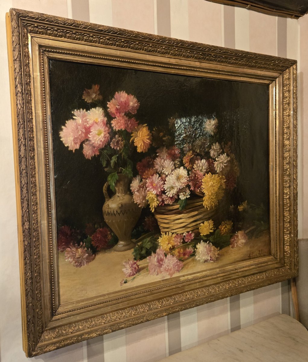 Mathieu Lefebvre 1895: Large Still Life Painting With Dahlias-photo-4
