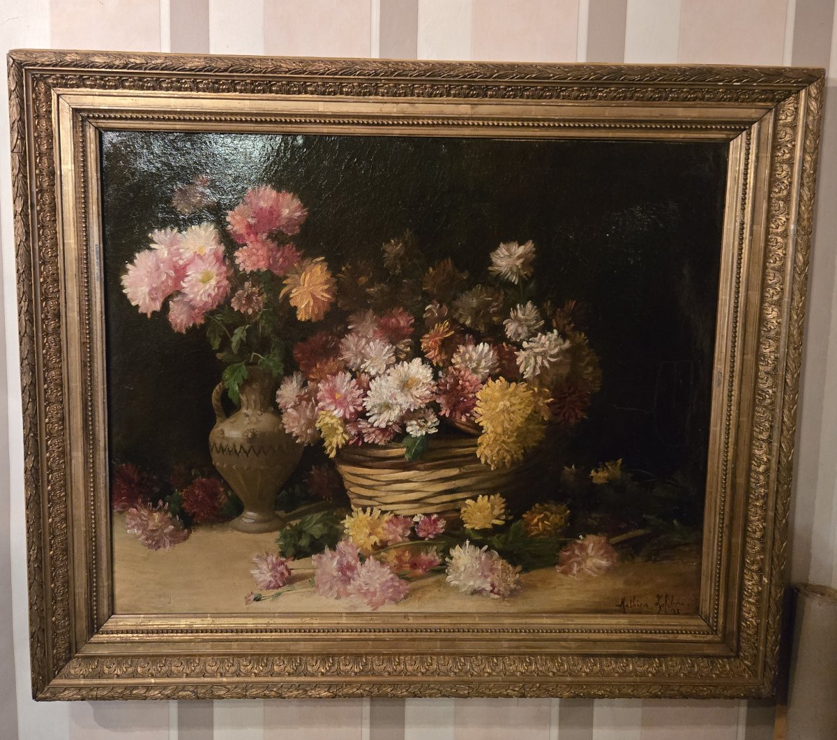 Mathieu Lefebvre 1895: Large Still Life Painting With Dahlias-photo-6
