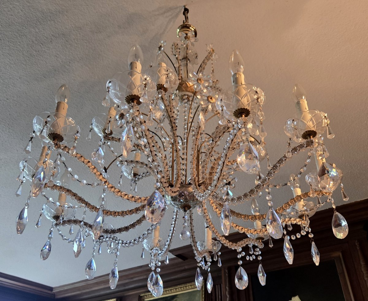Murano: Very Large Crystal Chandelier With Pendants -photo-2
