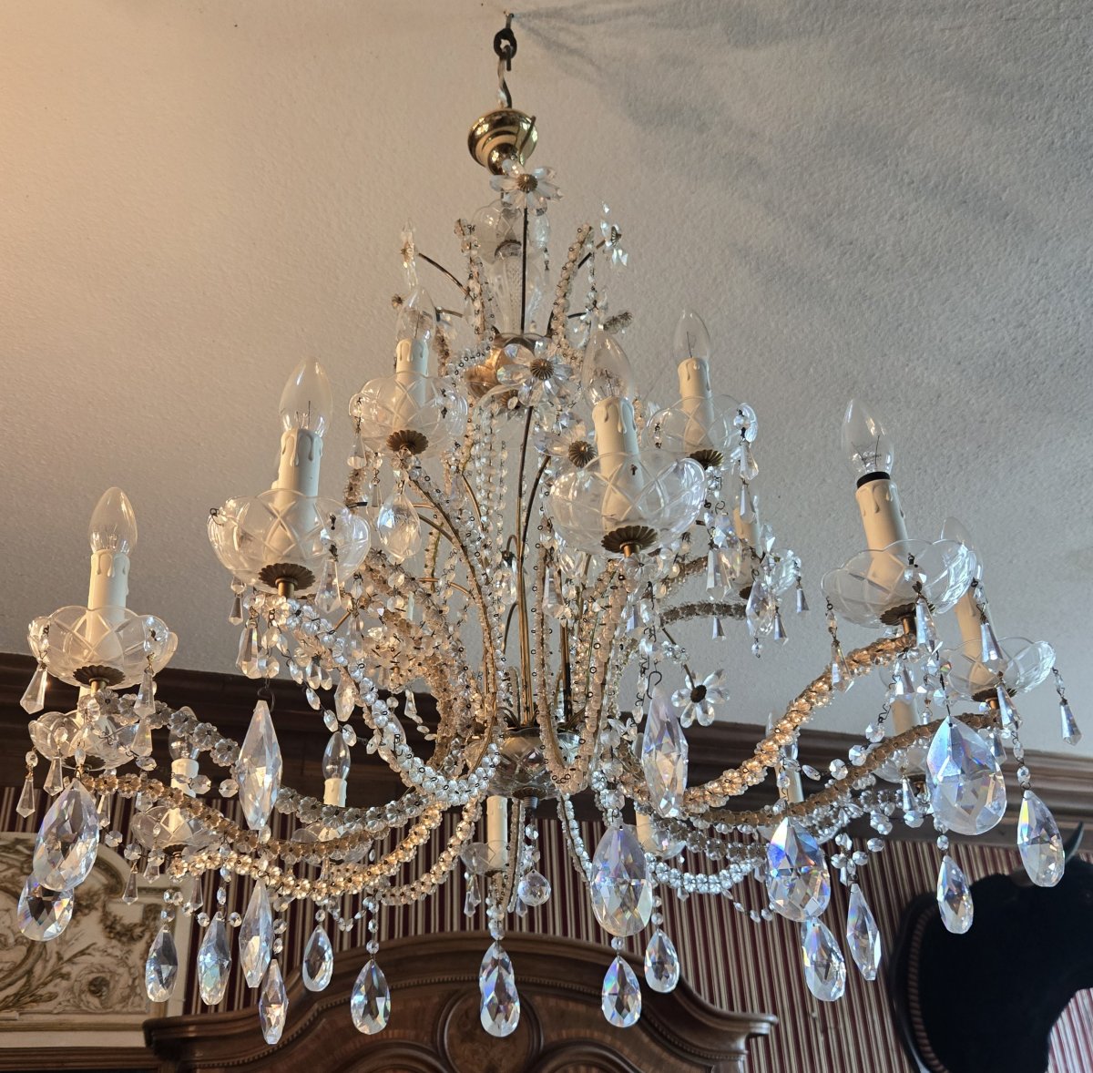 Murano: Very Large Crystal Chandelier With Pendants -photo-7