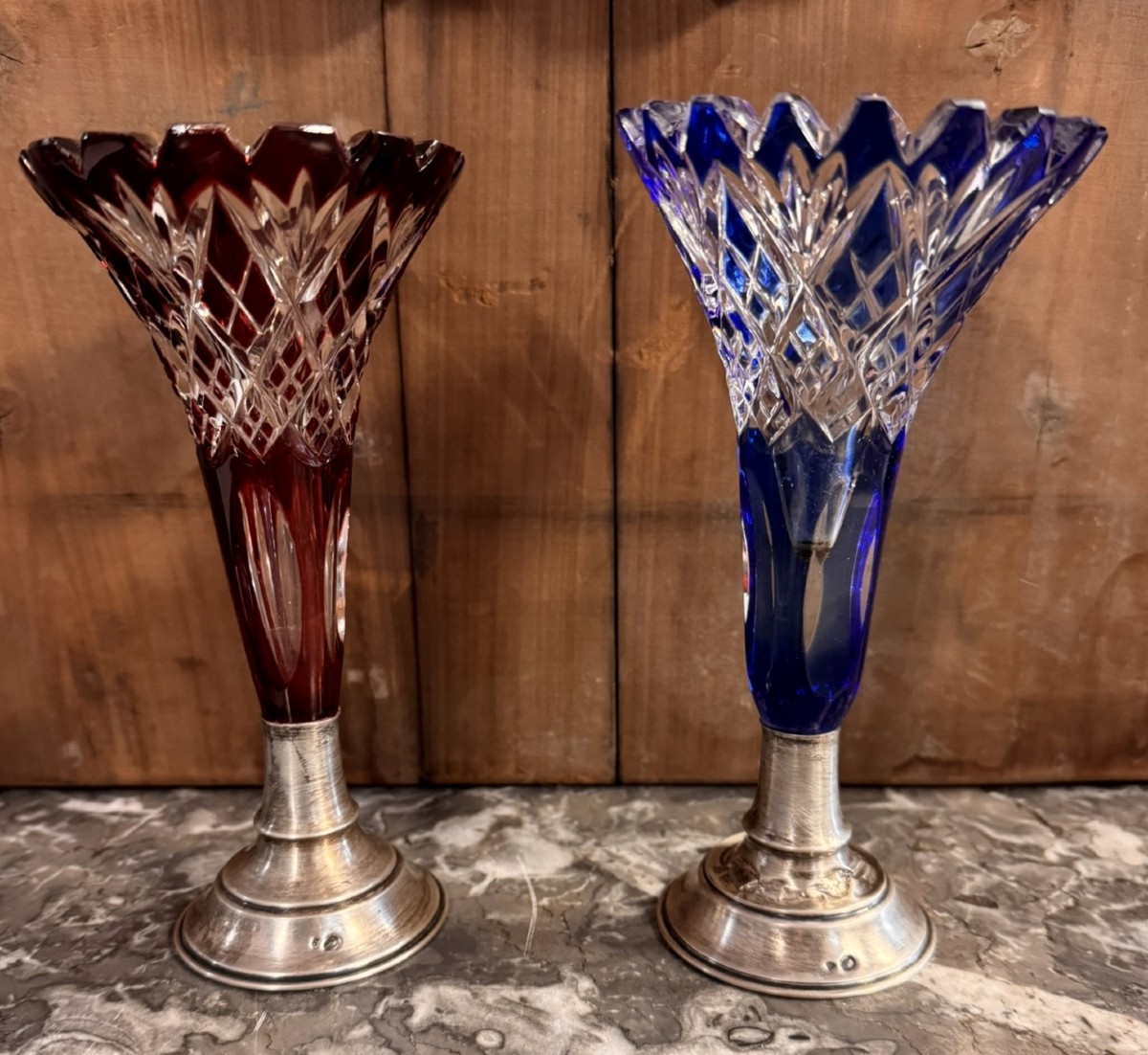 Paire de vases soliflores argent massif et cristal