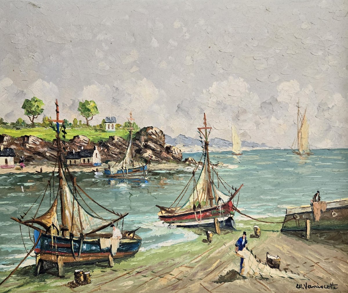 Charles Vaniscotte: Oil Painting On Canvas / Port In Brittany-photo-2