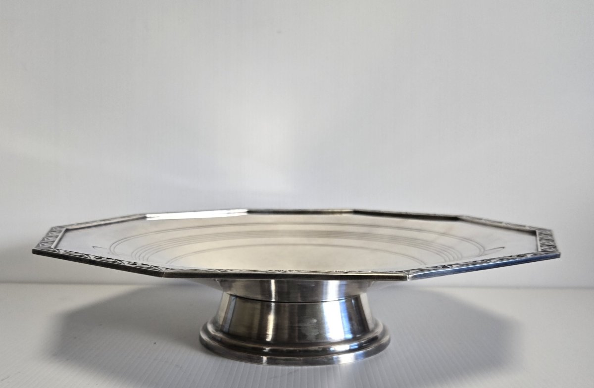 Large Art Deco Style Silver-plated Metal Bowl On A Heel -photo-2