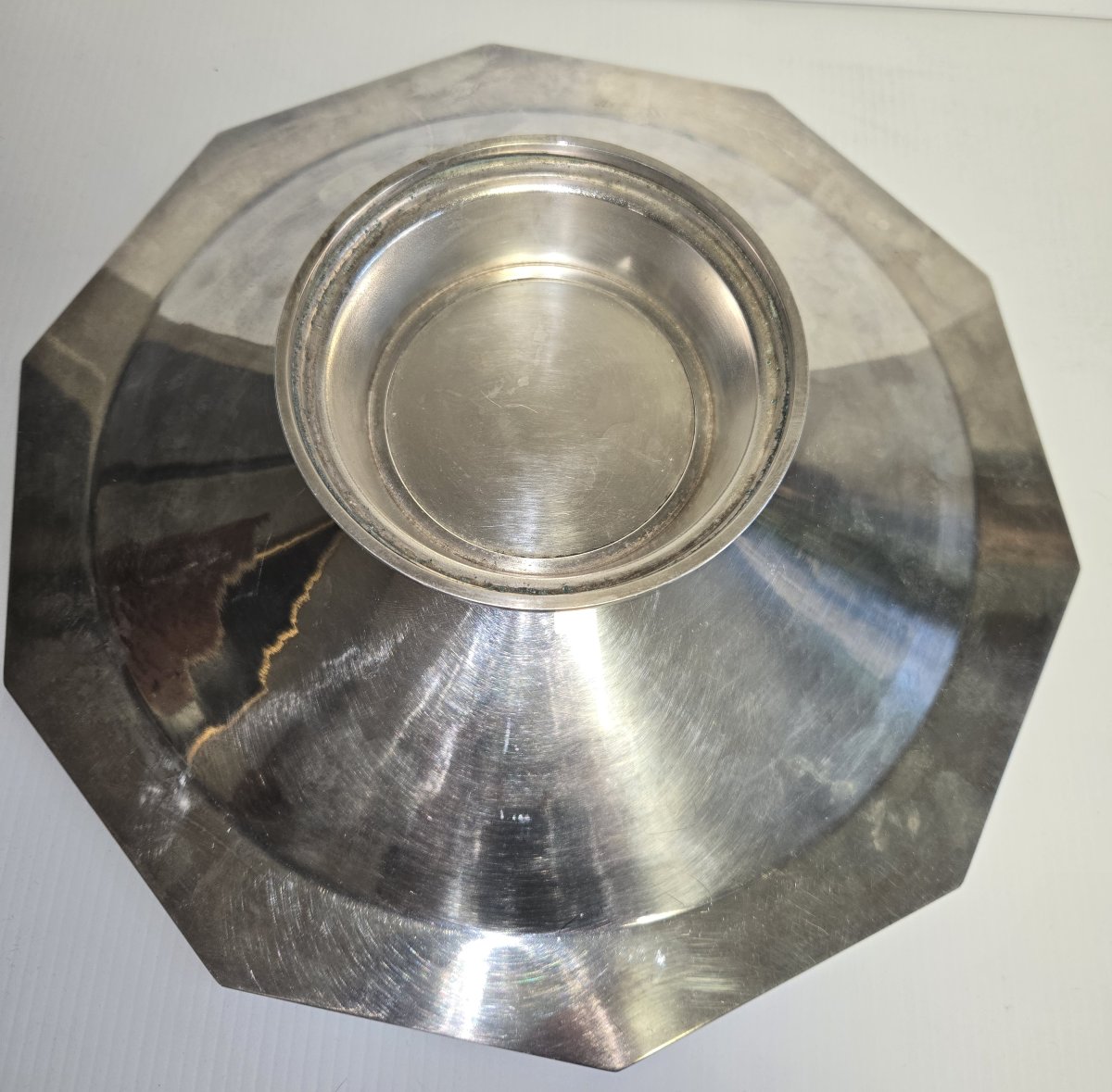 Large Art Deco Style Silver-plated Metal Bowl On A Heel -photo-4
