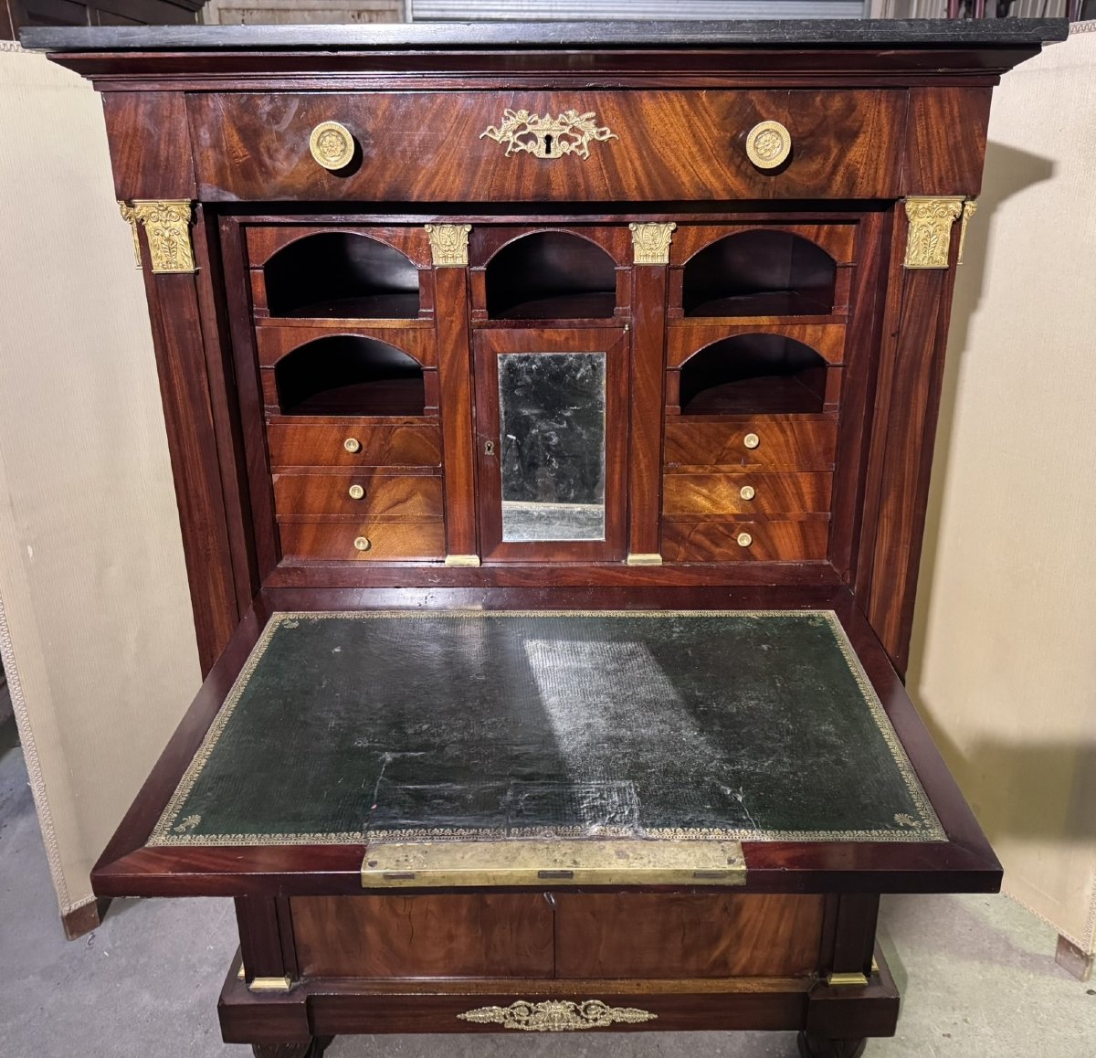 A Rare Empire Period Mahogany Secretary Desk With Four Columns Surmounted By Bronze Capitals.-photo-3
