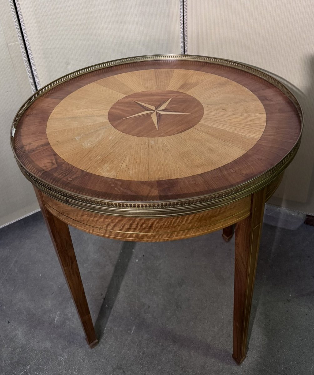 Louis XVI Style Bouillotte Table In Marquetry And Gilt Brass Stringing-photo-2