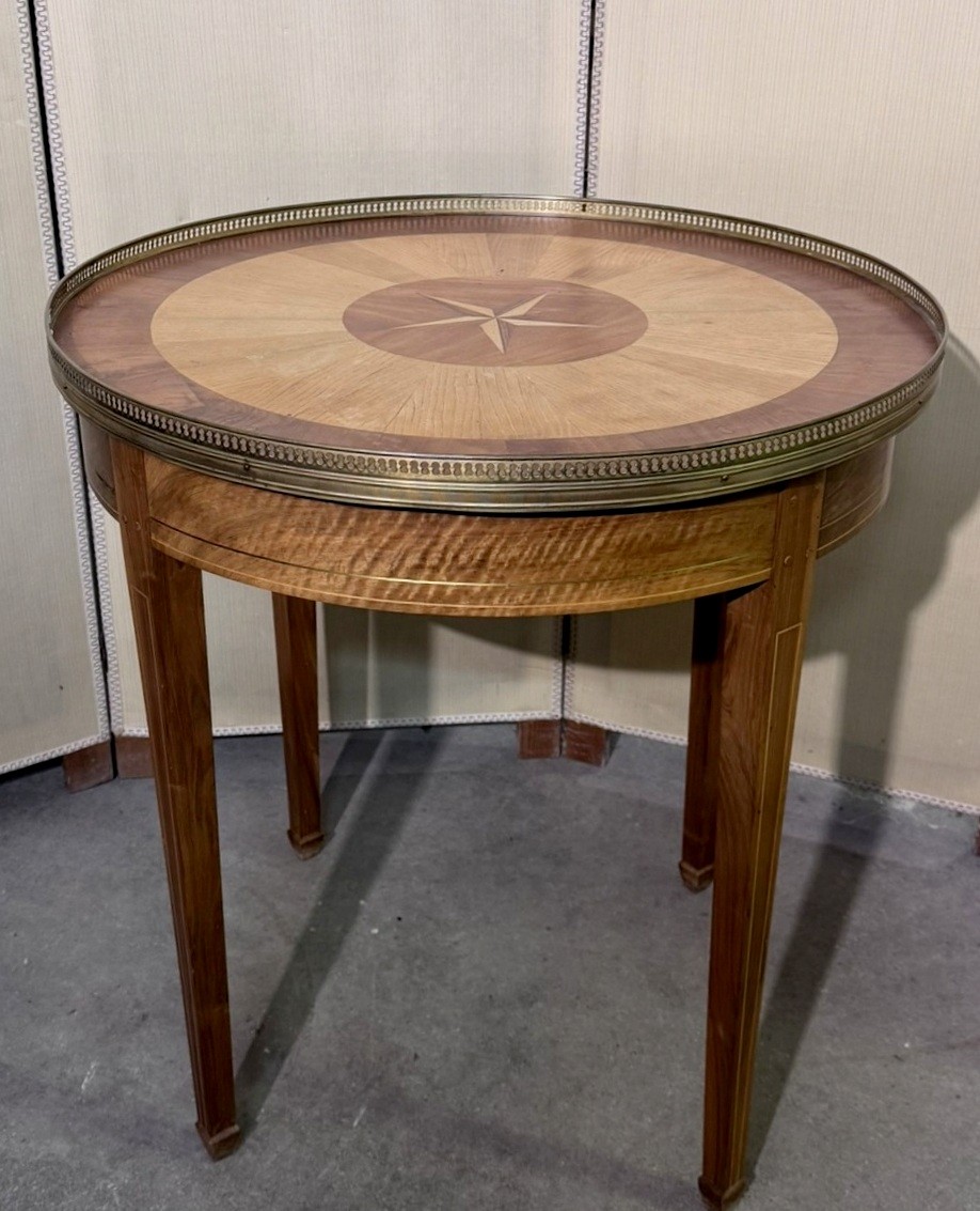 Louis XVI Style Bouillotte Table In Marquetry And Gilt Brass Stringing