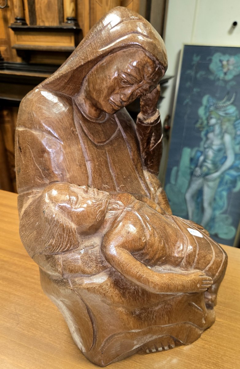 Pietà Or Virgin Of Pity, Solid Wood Sculpture, 19th Century-photo-2