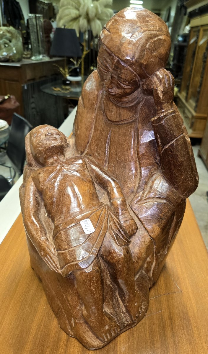 Pietà Or Virgin Of Pity, Solid Wood Sculpture, 19th Century-photo-4