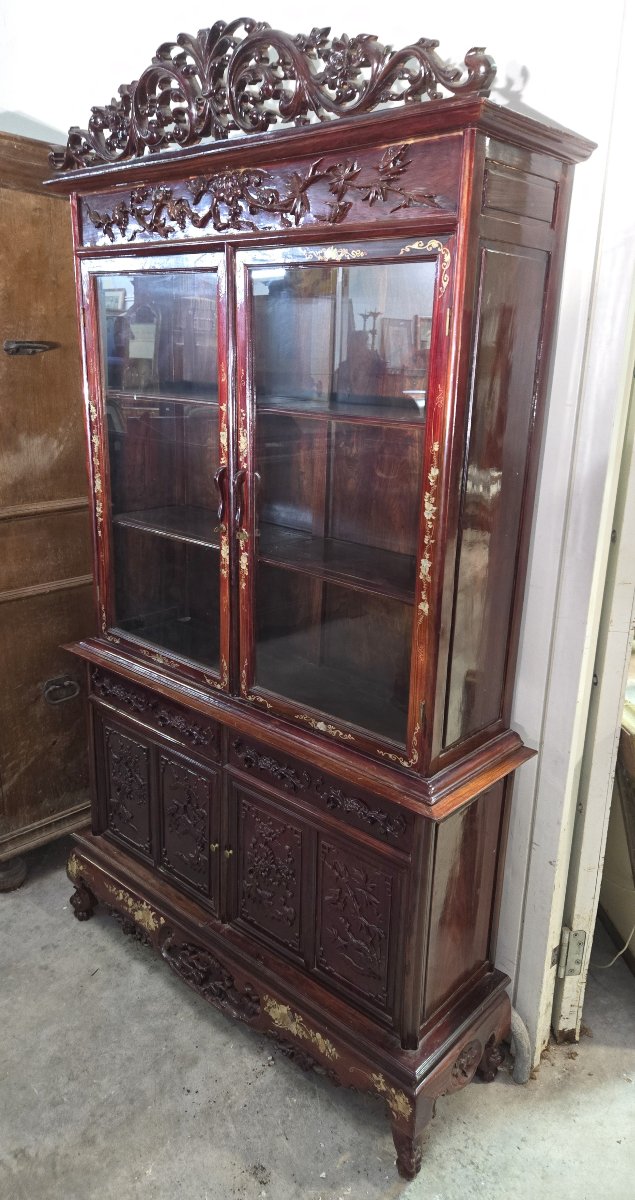 19th Century Asia: Antique Lacquered Bookcase, Richly Carved And Decorated-photo-3