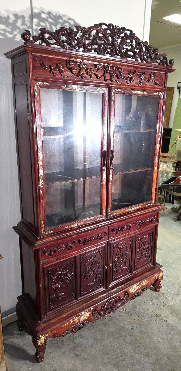 19th Century Asia: Antique Lacquered Bookcase, Richly Carved And Decorated-photo-4