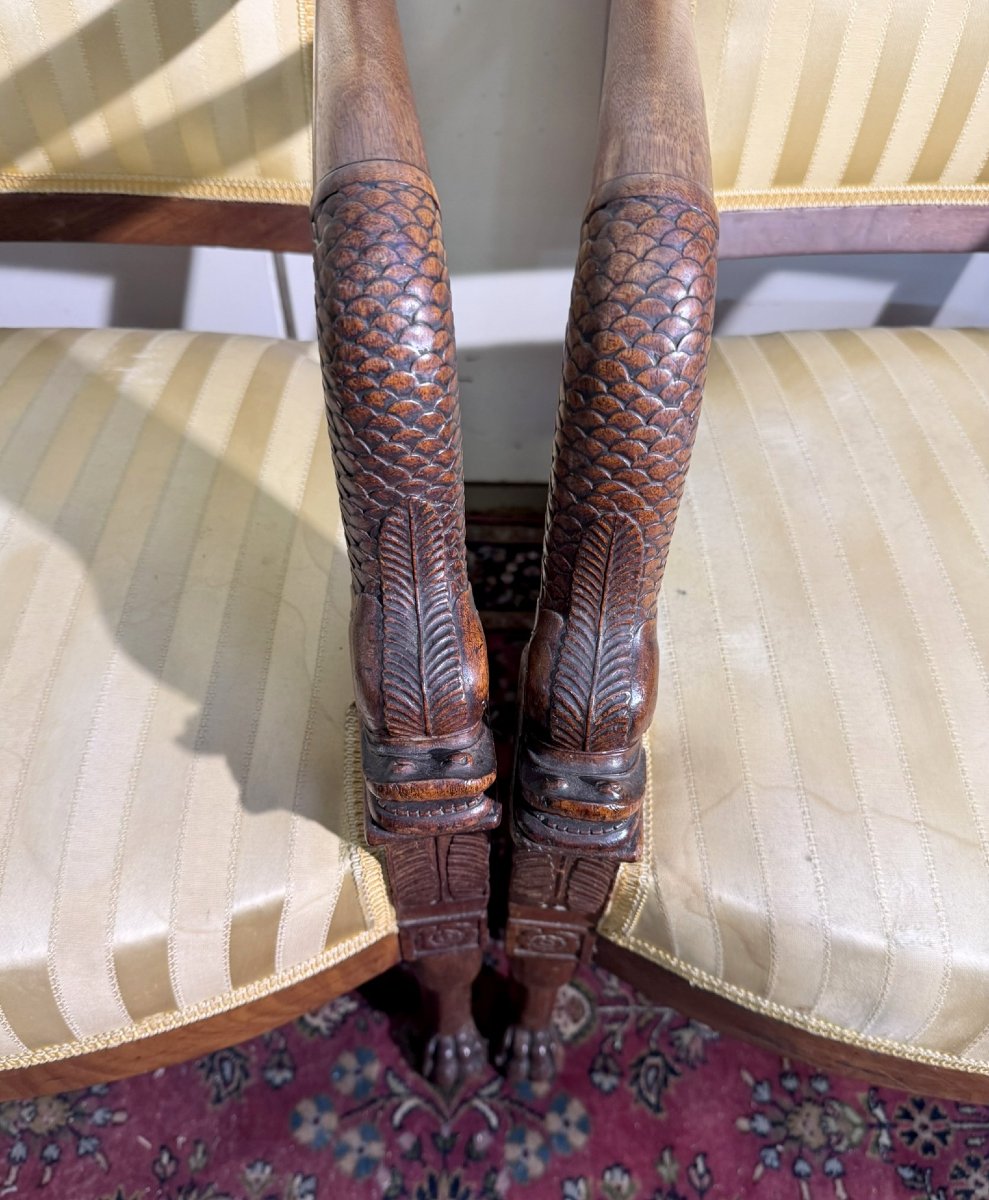 Paire de fauteuils Gondoles aux dauphins époque Empire en acajou -photo-6