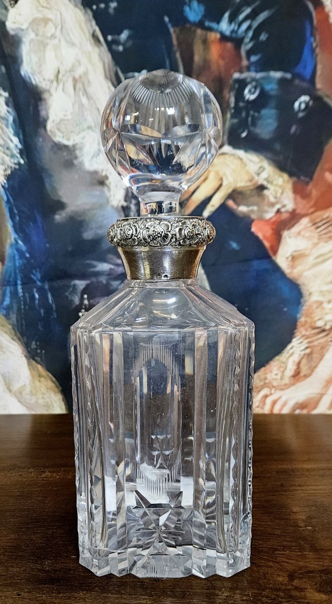 Carafe ancienne en cristal taillé – Monture en argent / époque Art Déco-photo-1