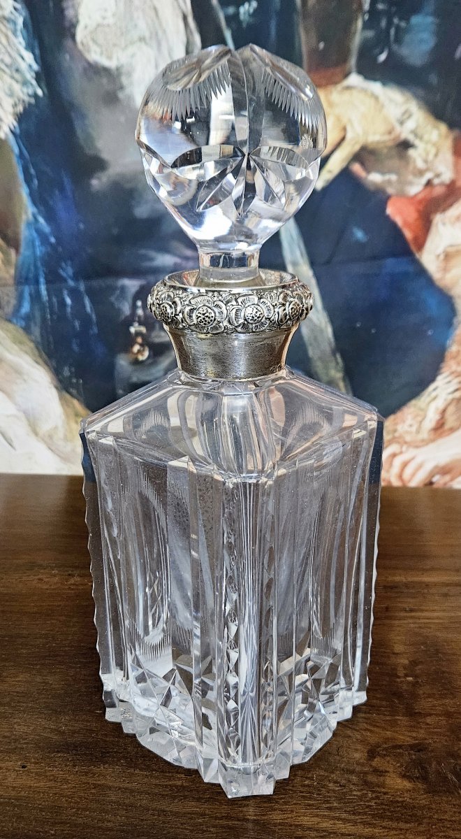 Carafe ancienne en cristal taillé – Monture en argent / époque Art Déco-photo-3