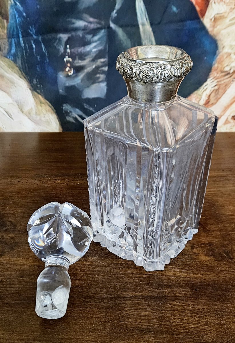 Carafe ancienne en cristal taillé – Monture en argent / époque Art Déco-photo-4