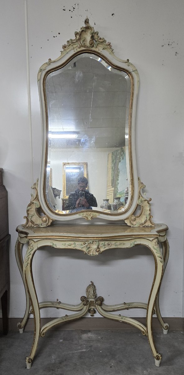 Console And Large Louis XV Style Mirror In Lacquered And Gilded Wood -photo-1