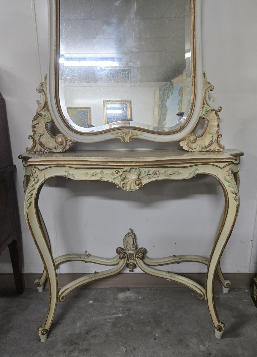 Console And Large Louis XV Style Mirror In Lacquered And Gilded Wood -photo-4