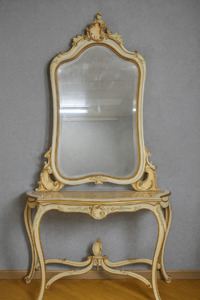 Console And Large Louis XV Style Mirror In Lacquered And Gilded Wood 