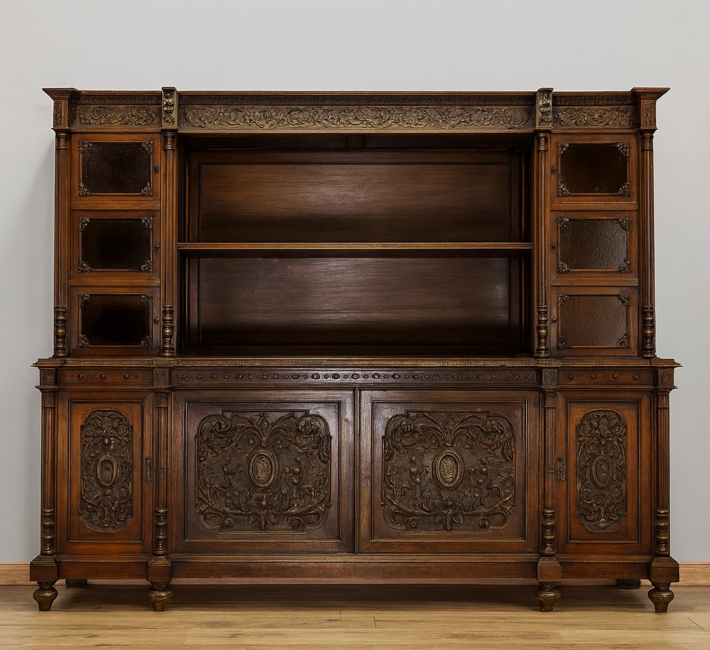 Renaissance-style Sideboard, Entirely Made Of Walnut And Richly Carved 