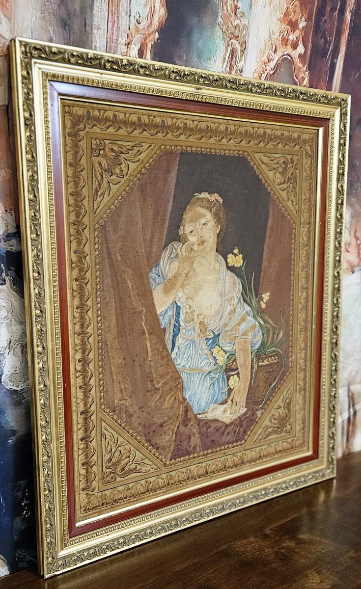 After Greuze: An Old Painting Depicting A Young Woman At A Window-photo-6