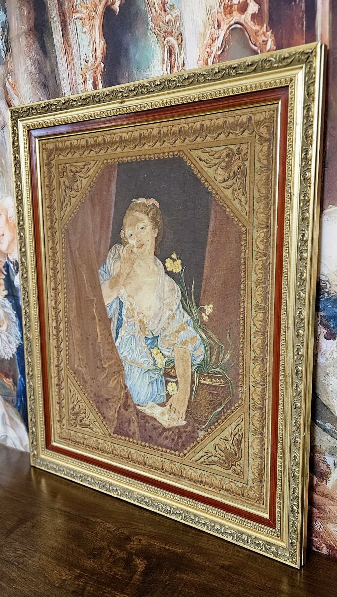 After Greuze: An Old Painting Depicting A Young Woman At A Window-photo-7