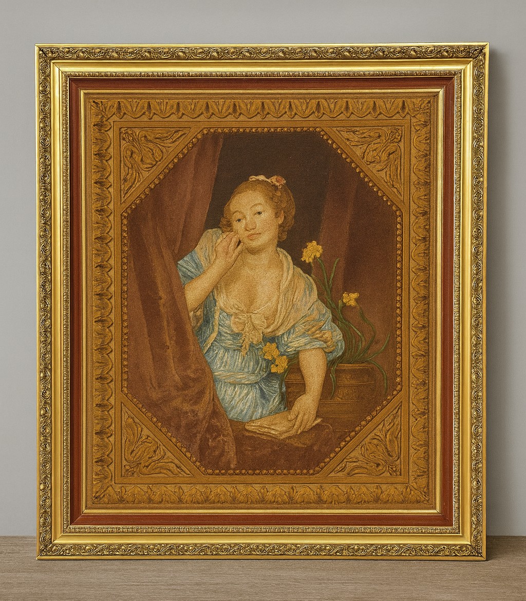 After Greuze: An Old Painting Depicting A Young Woman At A Window