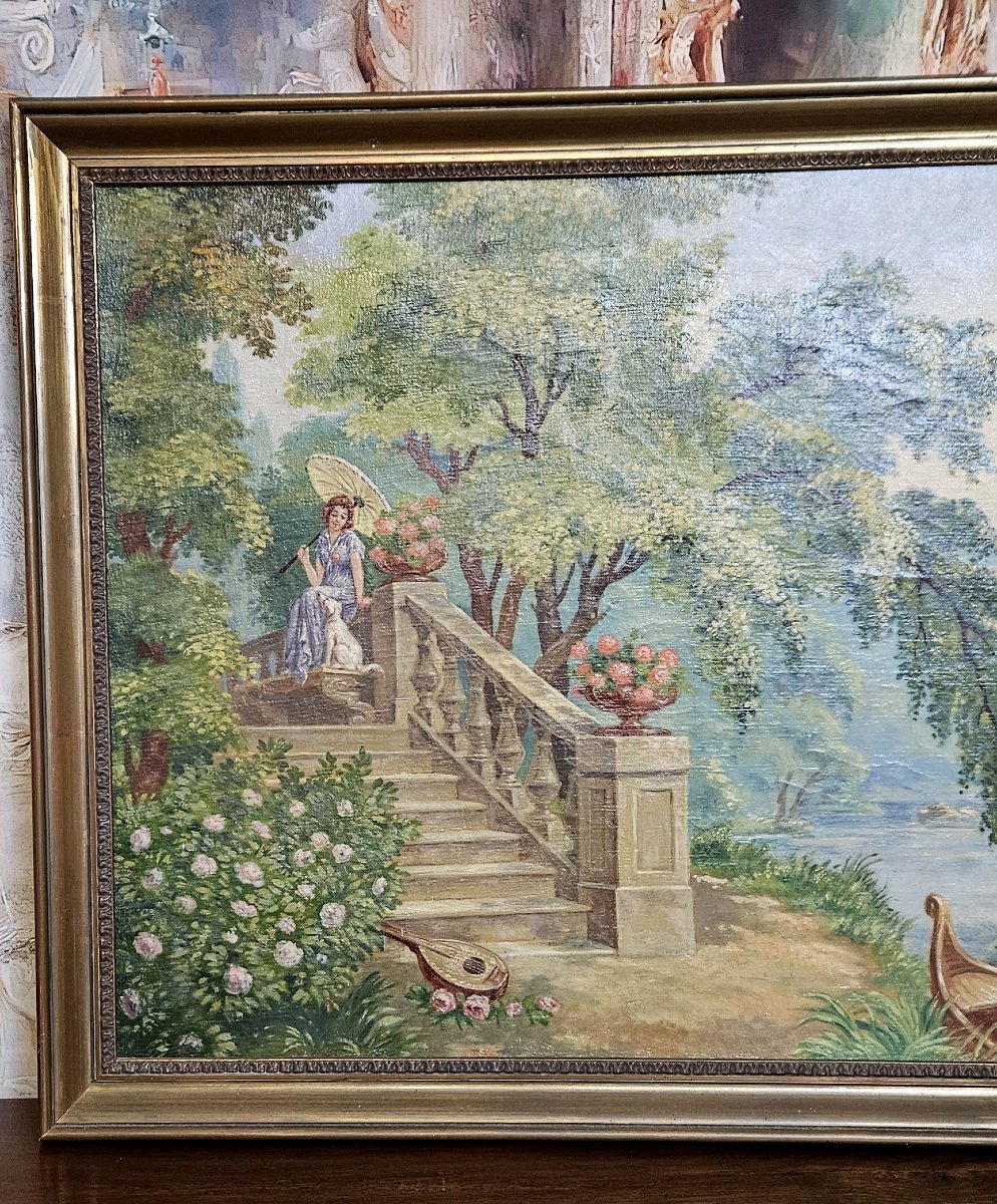 Tableau huile sur toile représentant une scène romantique-photo-1