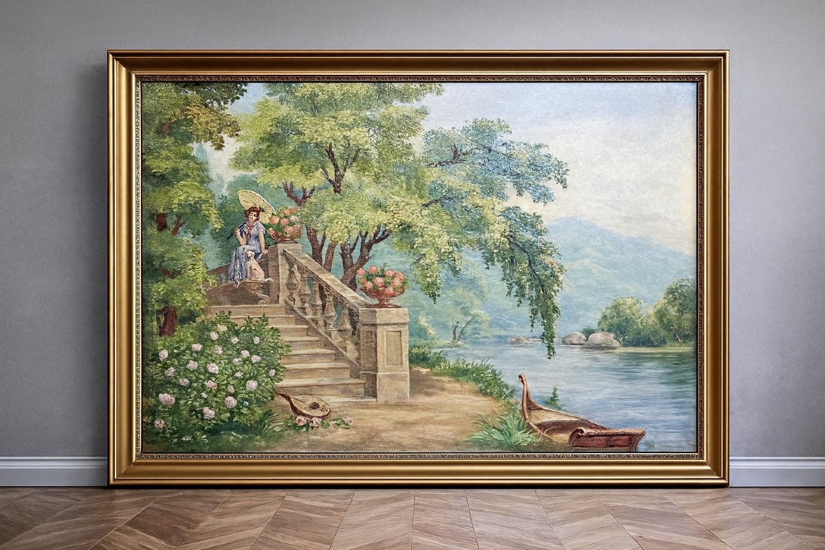 Tableau huile sur toile représentant une scène romantique
