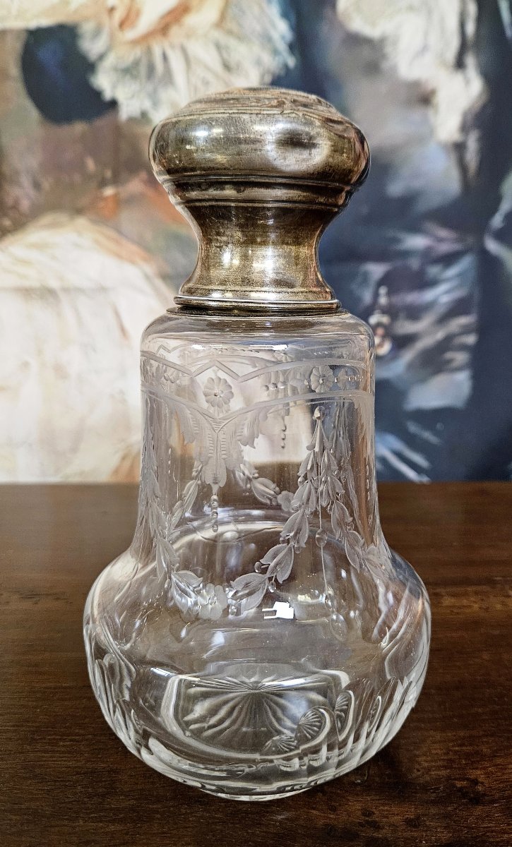 Pair Of Antique Louis XVI Style Crystal And Silver Bottles, Finely Engraved-photo-2