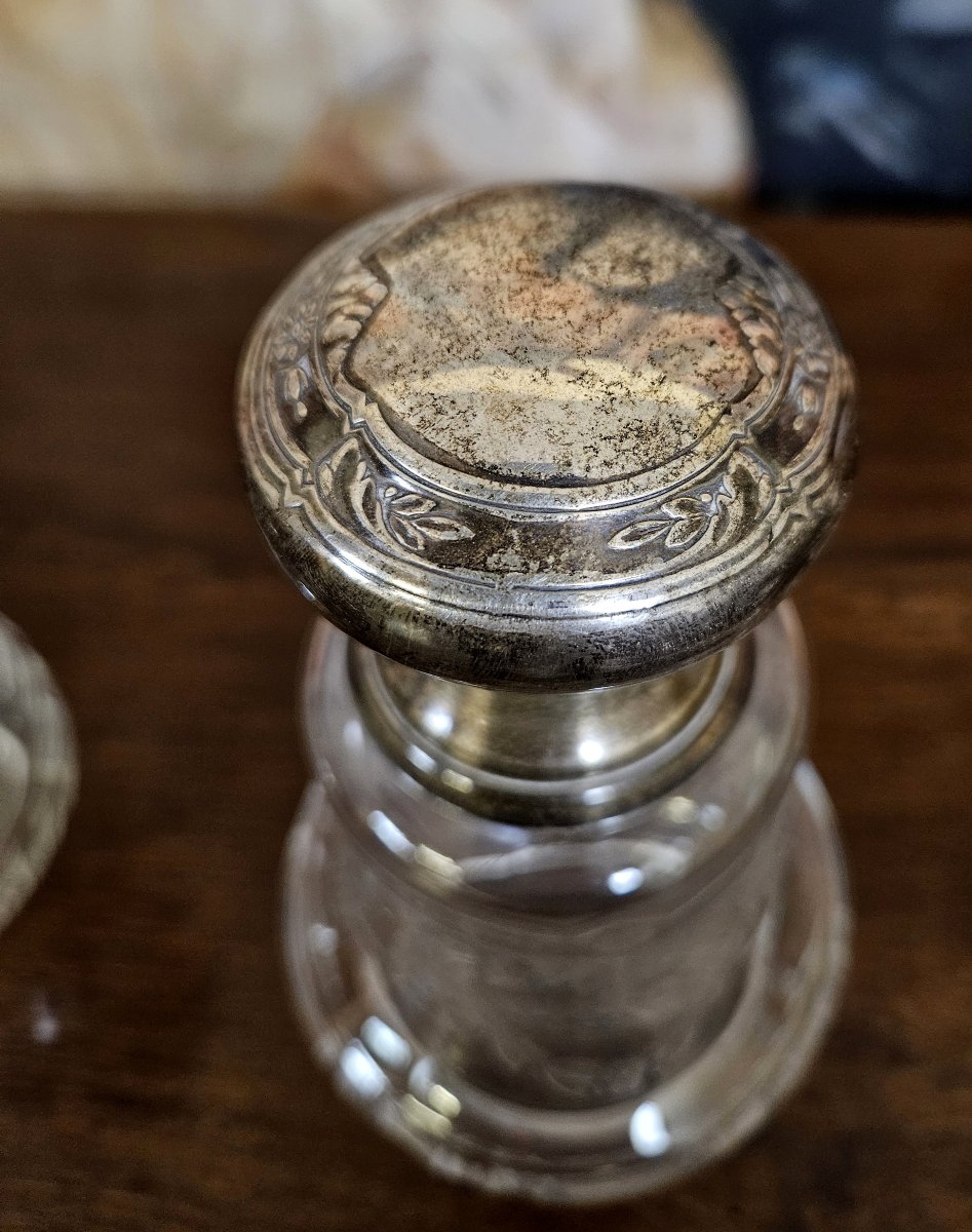 Pair Of Antique Louis XVI Style Crystal And Silver Bottles, Finely Engraved-photo-3