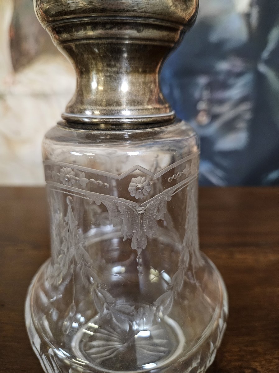 Pair Of Antique Louis XVI Style Crystal And Silver Bottles, Finely Engraved-photo-4