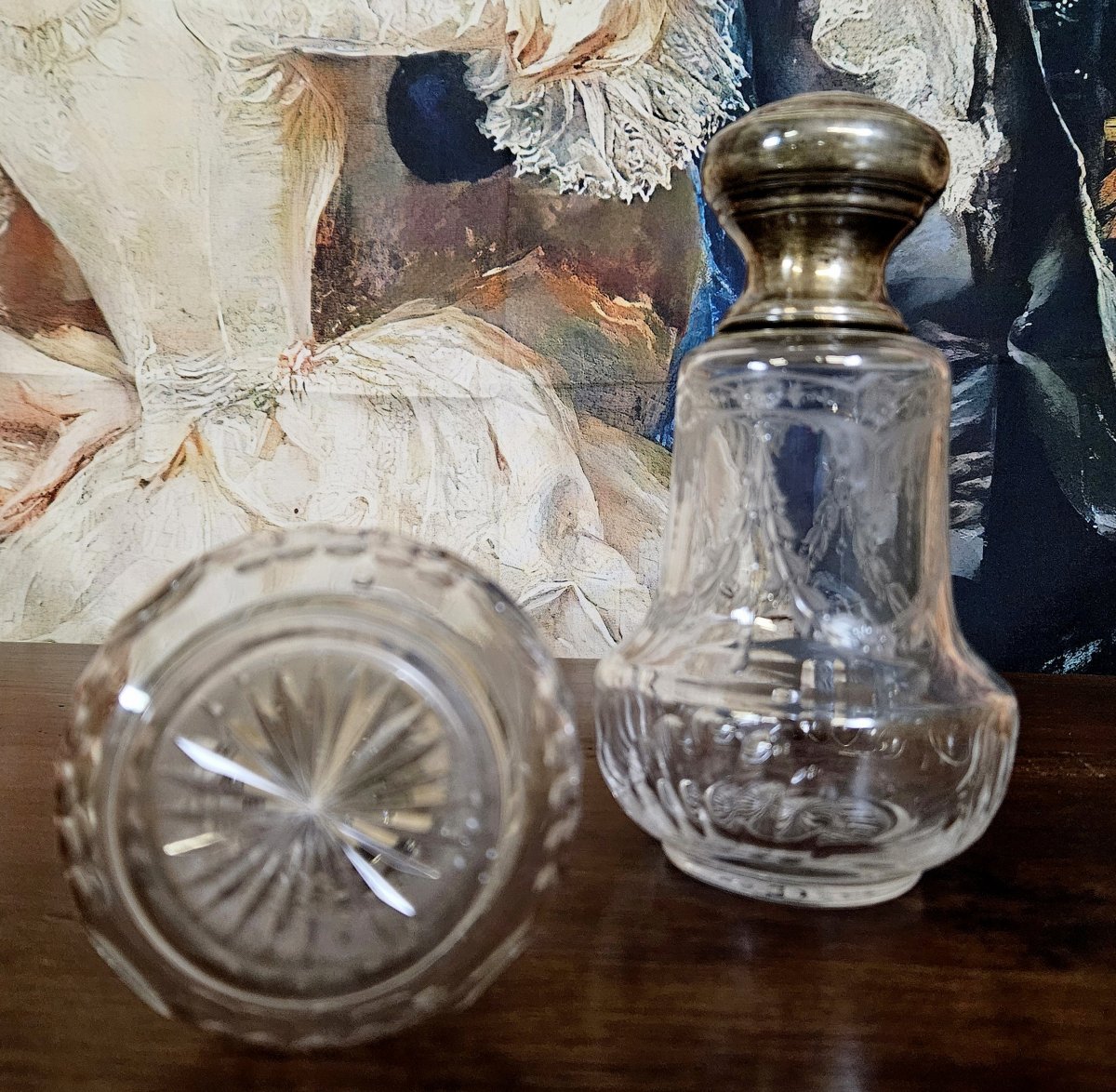Pair Of Antique Louis XVI Style Crystal And Silver Bottles, Finely Engraved-photo-6
