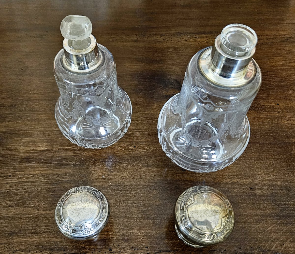 Pair Of Antique Louis XVI Style Crystal And Silver Bottles, Finely Engraved-photo-7