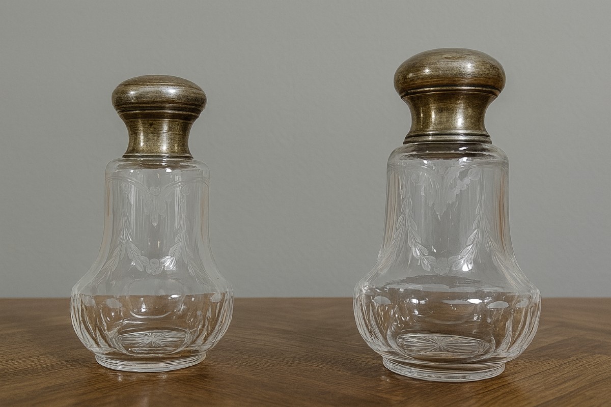 Pair Of Antique Louis XVI Style Crystal And Silver Bottles, Finely Engraved