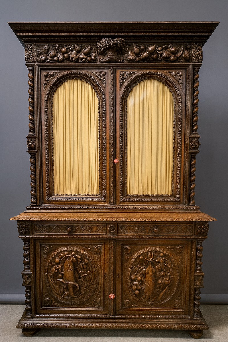 Buffet deux-corps en chêne massif, richement sculpté dans le style Renaissance