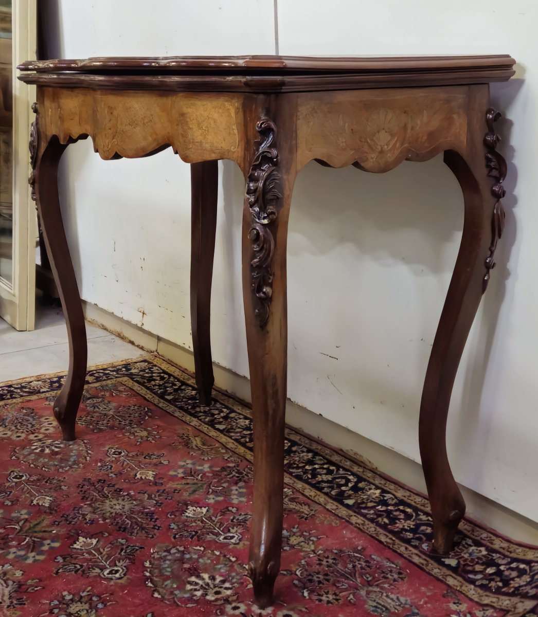 Table a jeux style Louis XV en marquéterie et acajou-photo-3