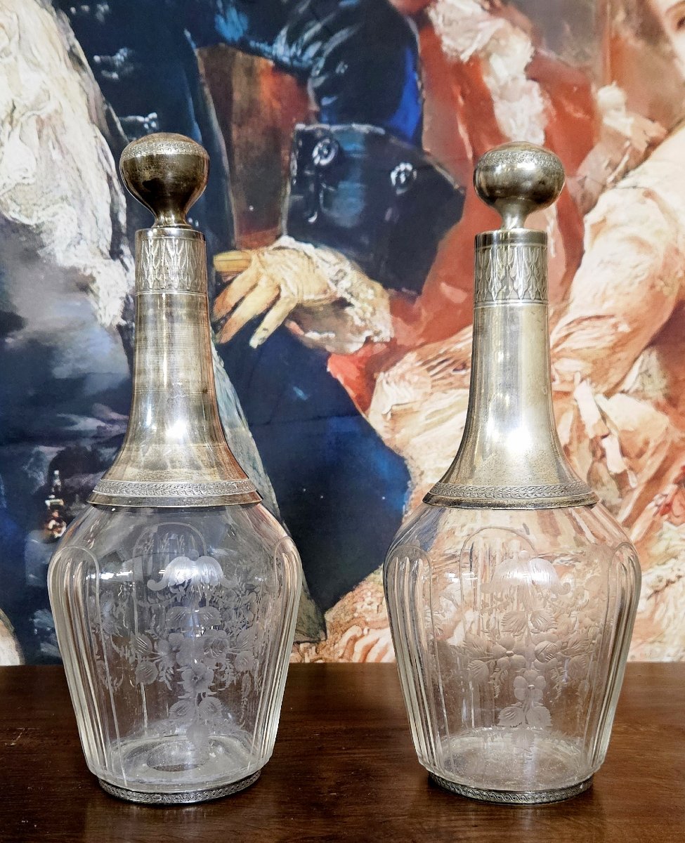 paire de carafes anciennes en cristal et argent massif-photo-1