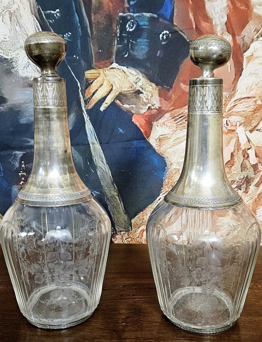 paire de carafes anciennes en cristal et argent massif-photo-2