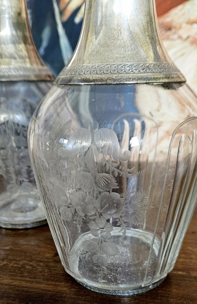 paire de carafes anciennes en cristal et argent massif-photo-3