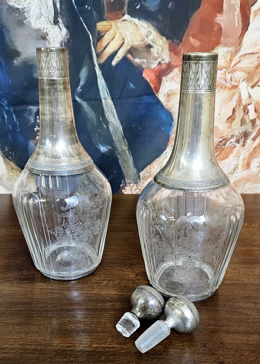 paire de carafes anciennes en cristal et argent massif-photo-4