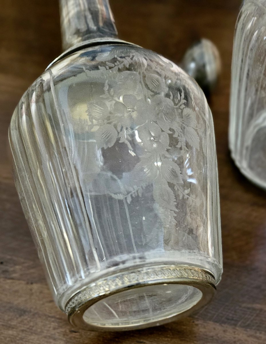 paire de carafes anciennes en cristal et argent massif-photo-7