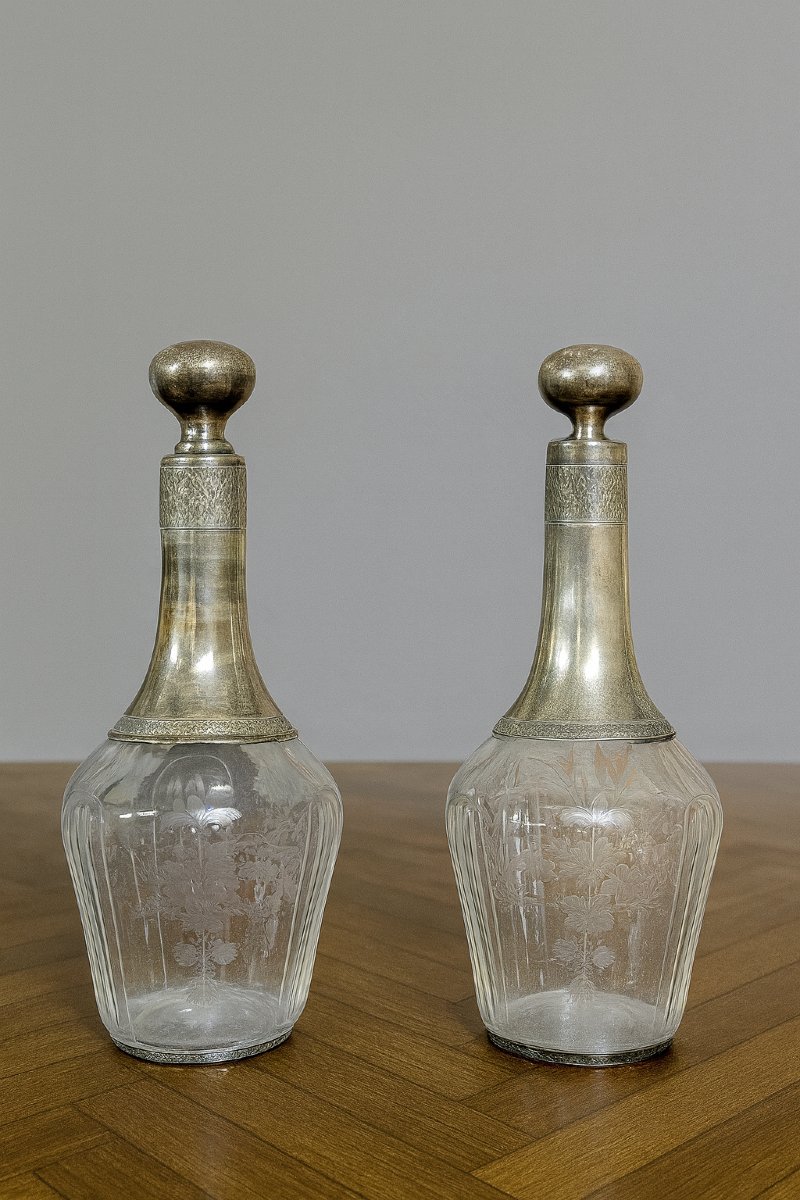 paire de carafes anciennes en cristal et argent massif-photo-8